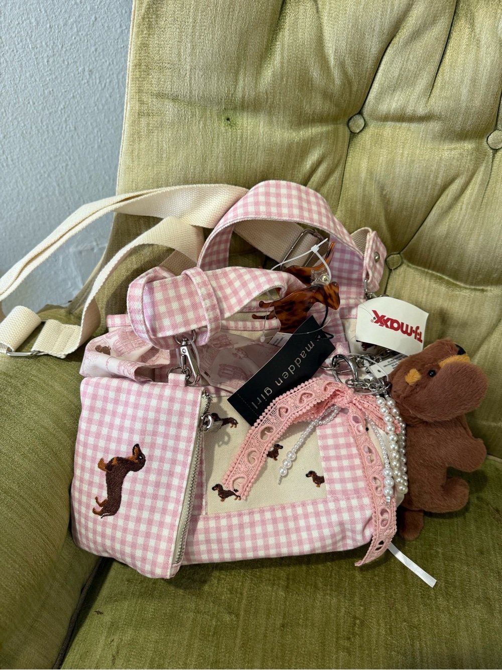 Madden Girl Pink Gingham Tote with Dachshund Embroidery and Charm Accents
